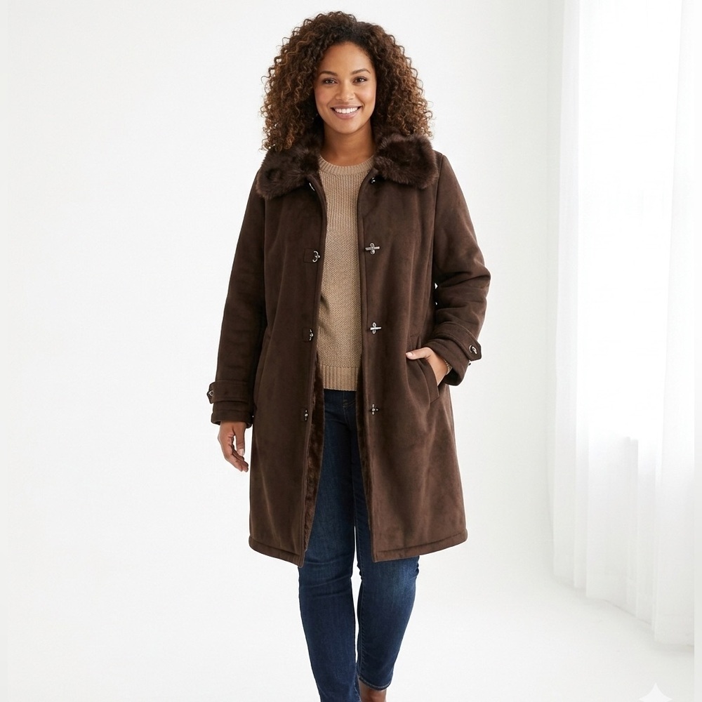 Donnybrook Vintage Faux Suede Fur Lined Trench Coat Brown Plus Size 1X